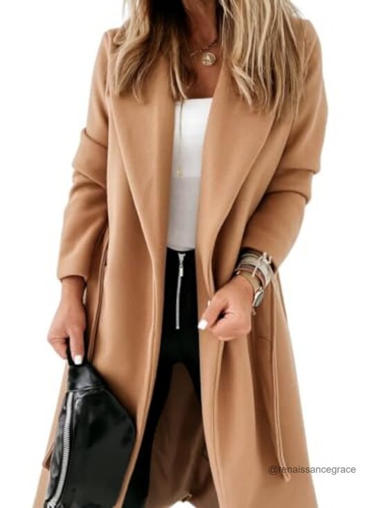 Jackets & Blazers - Womens Pea Coat Open Front Tie Belt Long Sleeve Wool Blend Outerwear